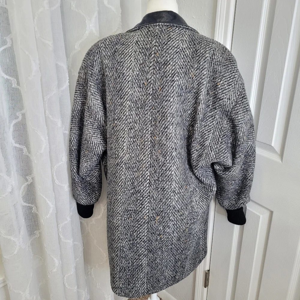 Vintage 80s wool leather tweed jacket coat oversized - Picture 2 of 16